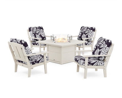 POLYWOOD® Mission 5-Piece Deep Seating Set with Fire Pit Table in Sand / Leaf Navy