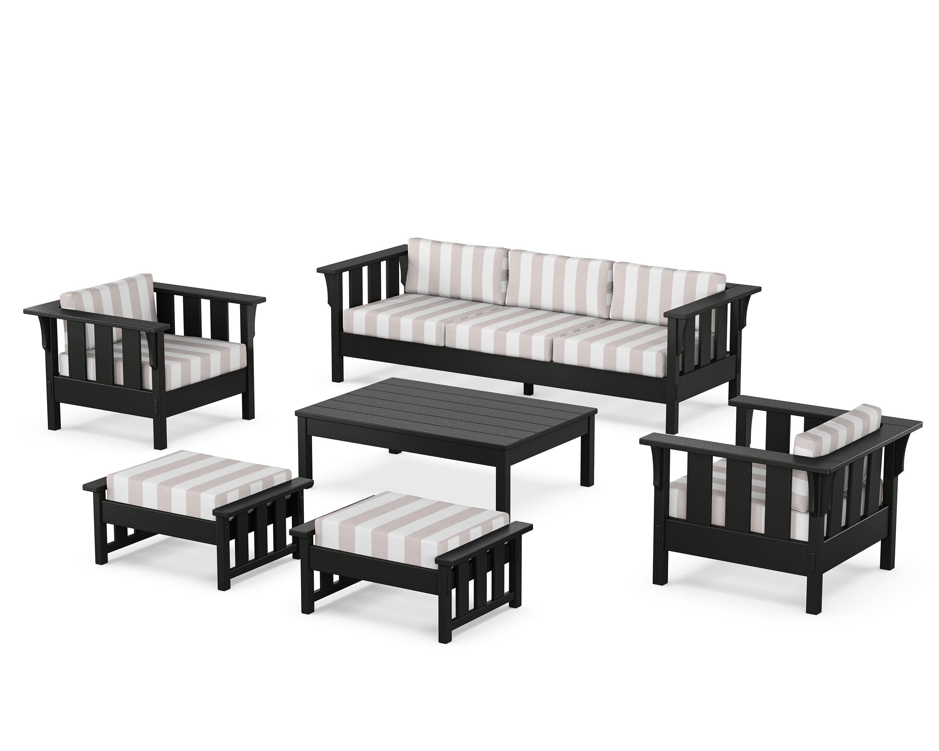 Martha Stewart by POLYWOOD® Acadia 6-Piece Lounge Sofa Set in Black / Cabana Stripe Dune Burlap