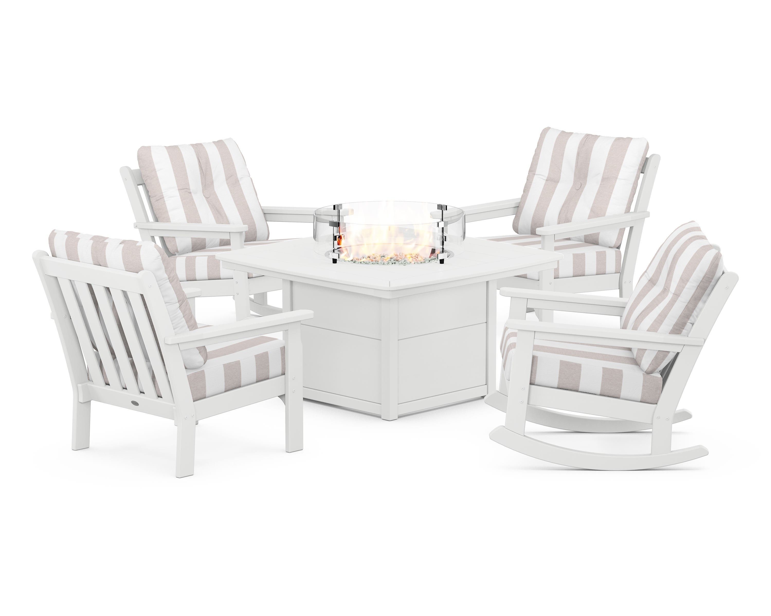 POLYWOOD® Vineyard 5-Piece Deep Seating Rocking Chair Conversation Set with Fire Pit Table in White / Cabana Stripe Dune Burlap