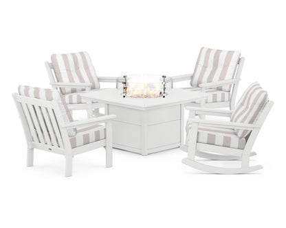 POLYWOOD® Vineyard 5-Piece Deep Seating Rocking Chair Conversation Set with Fire Pit Table in White / Cabana Stripe Dune Burlap