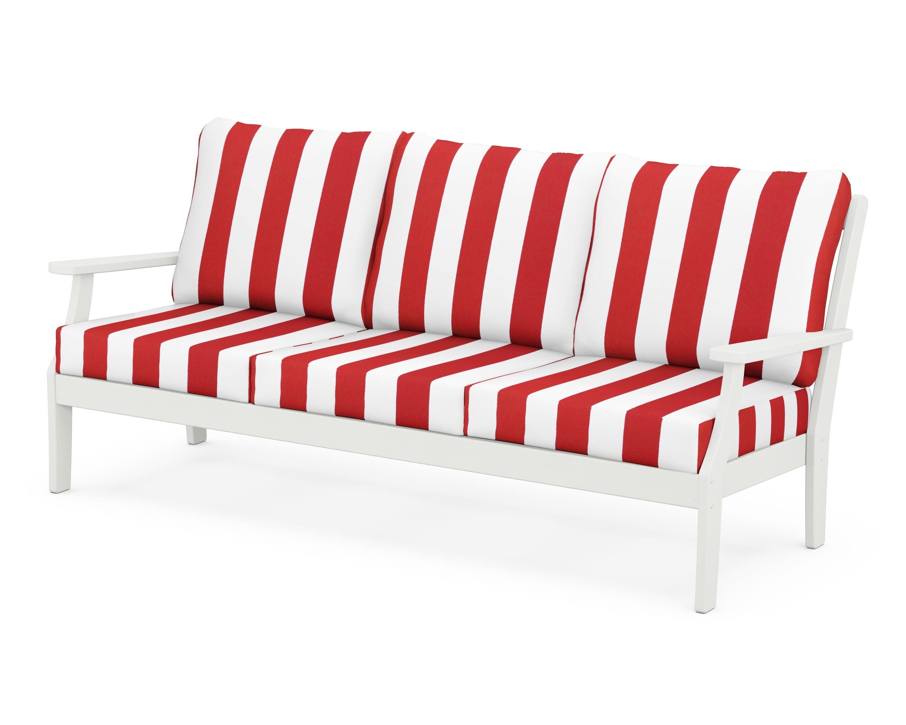 POLYWOOD® Braxton Deep Seating Sofa in Vintage White / Cabana Stripe Crimson