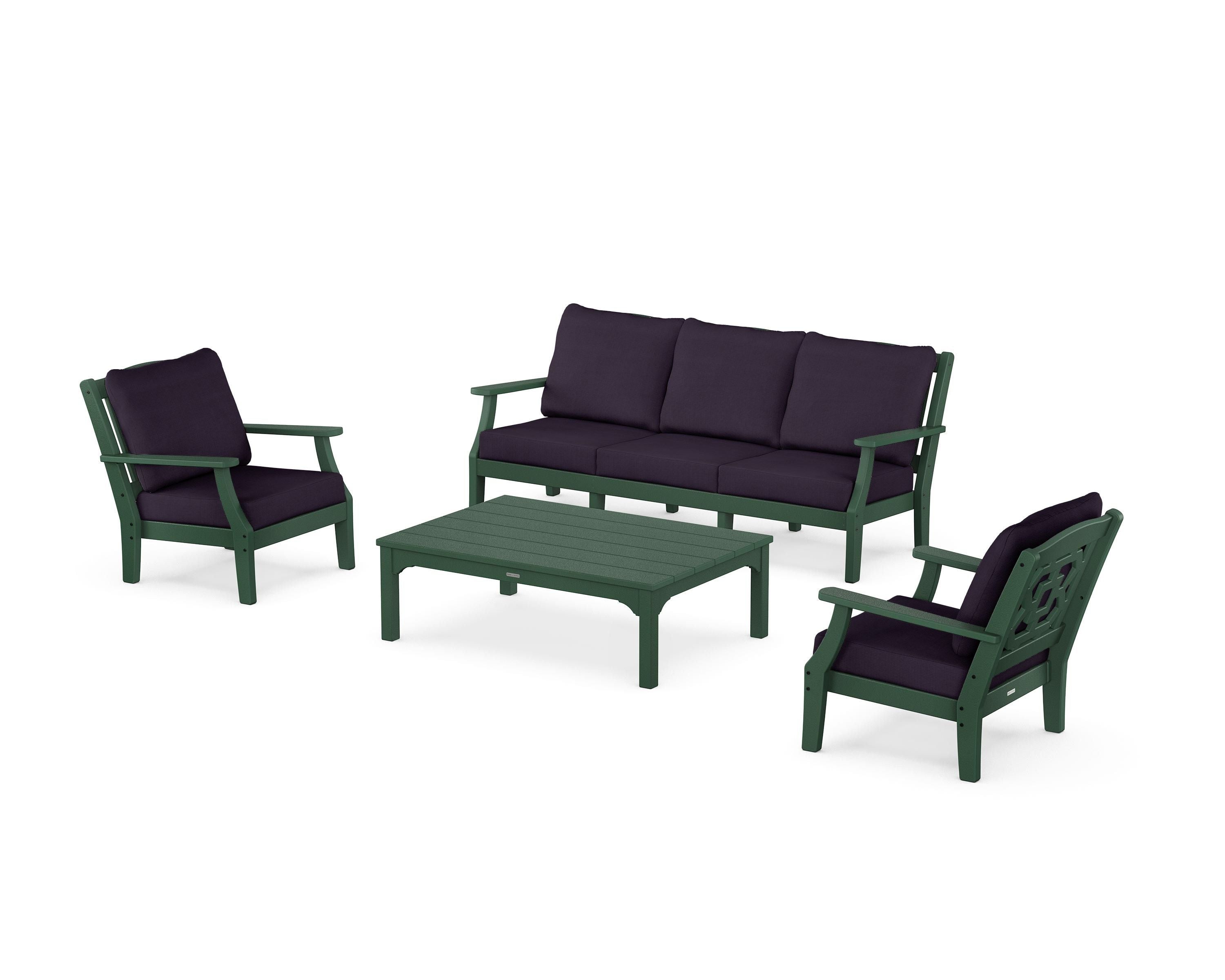 Martha Stewart by POLYWOOD® Chinoiserie 4-Piece Deep Seating Set with Sofa in Green / Navy Linen