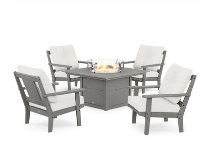 POLYWOOD® Prairie 5-Piece Deep Seating Set with Fire Pit Table in Slate Grey / Natural Linen