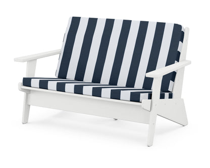 POLYWOOD® Riviera Modern Lounge Loveseat in White / Cabana Stripe Marine Indigo