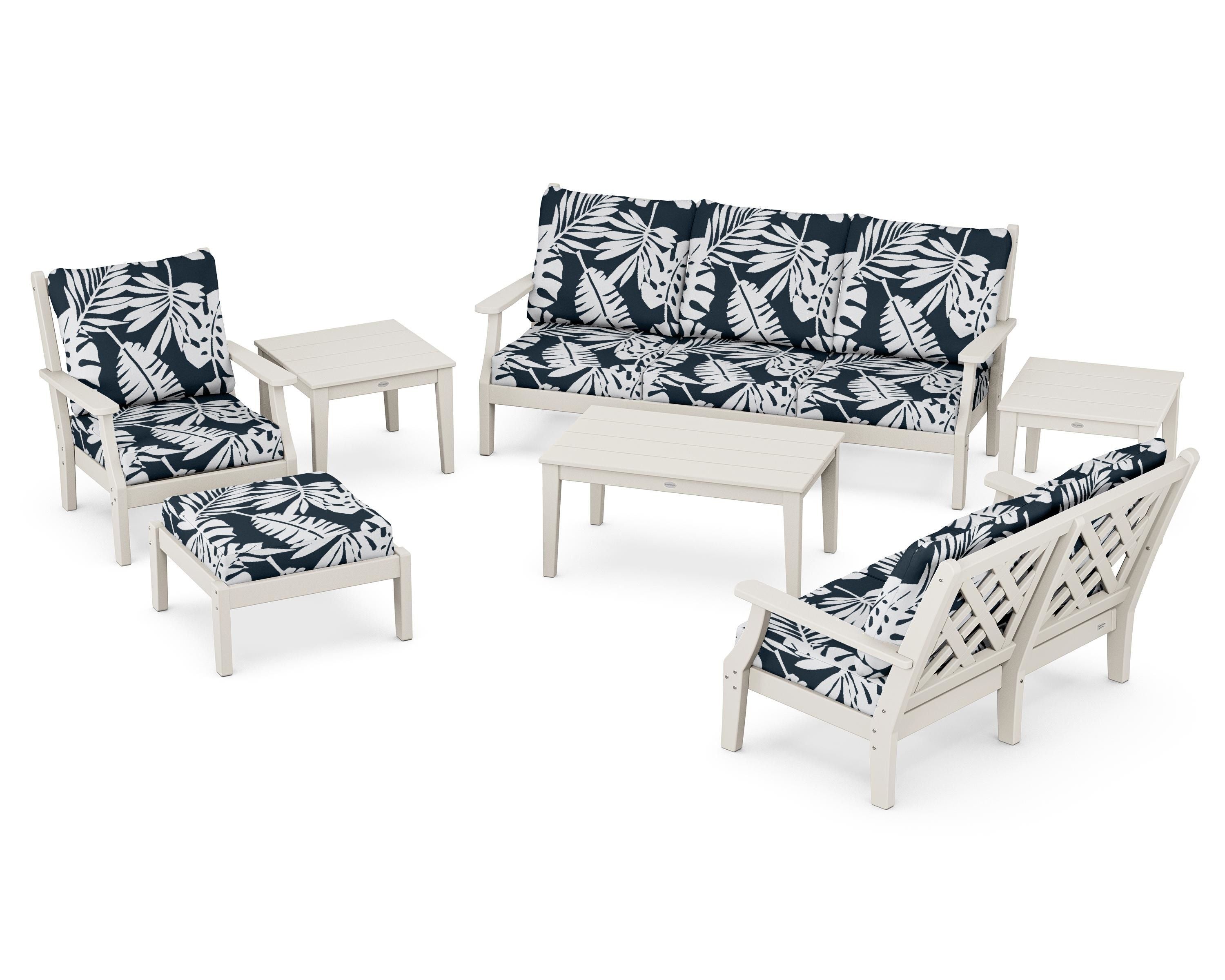 Country Living Wovendale 7-Piece Deep Seating Set in Sand / Leaf Marine Indigo