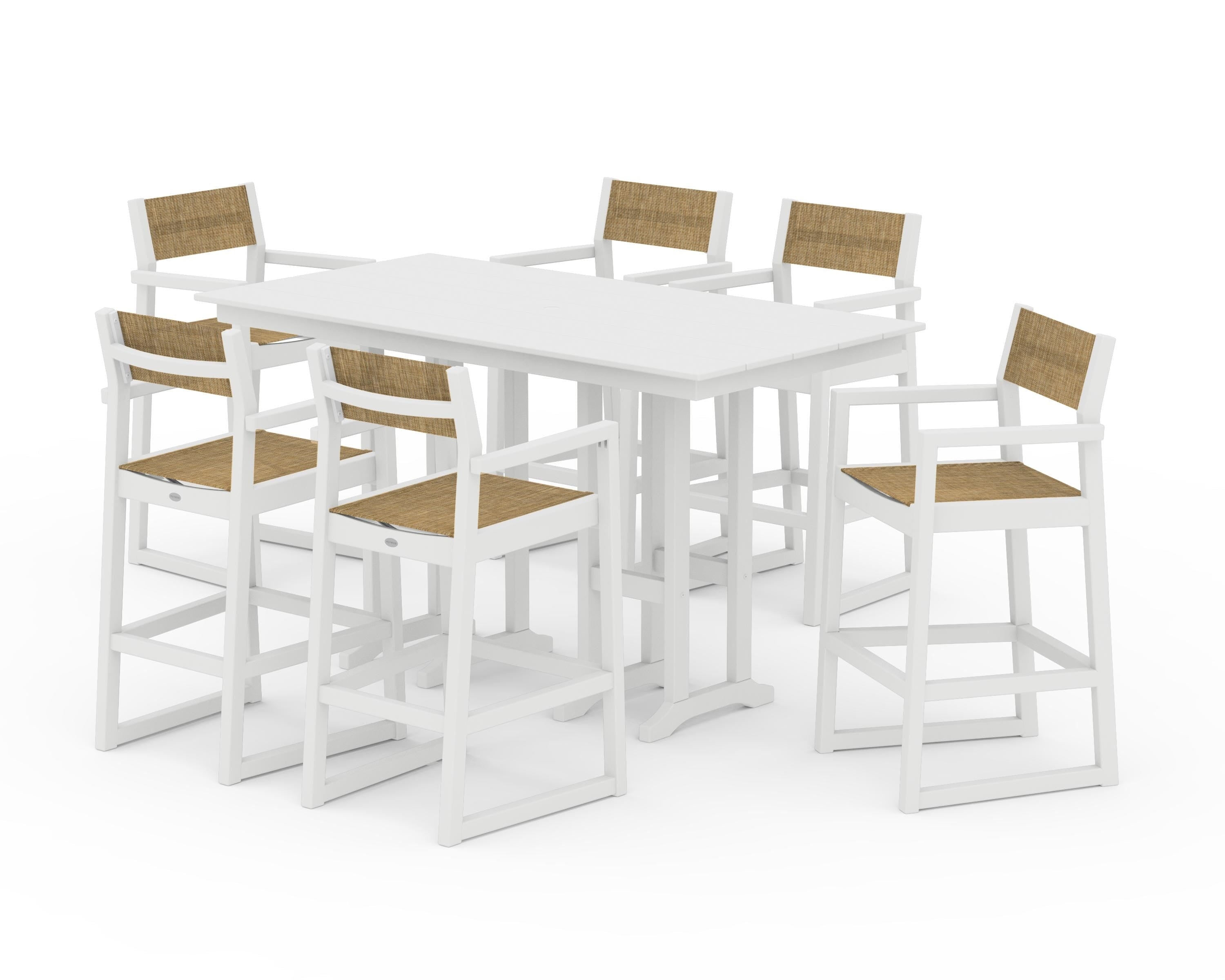 POLYWOOD® EDGE Sling Arm Chair 7-Piece Farmhouse Bar Set in White / Burlap Sling