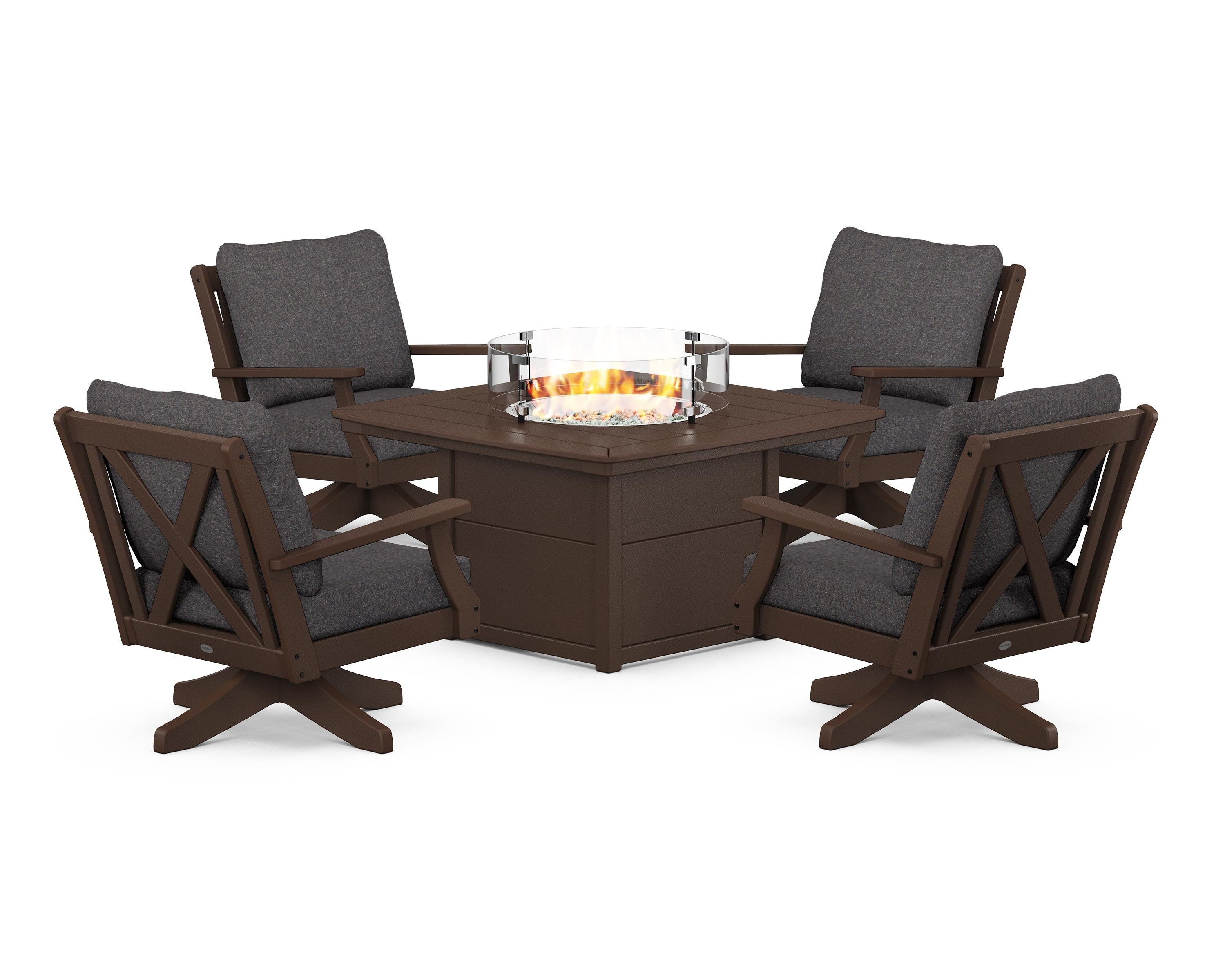POLYWOOD® Braxton 5-Piece Deep Seating Swivel Conversation Set with Fire Pit Table in Mahogany / Ash Charcoal