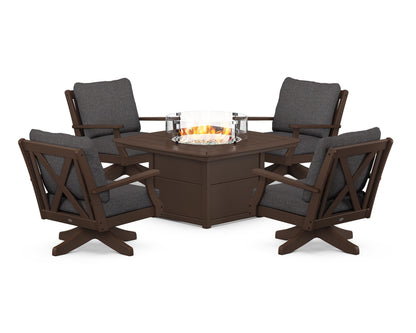 POLYWOOD® Braxton 5-Piece Deep Seating Swivel Conversation Set with Fire Pit Table in Mahogany / Ash Charcoal