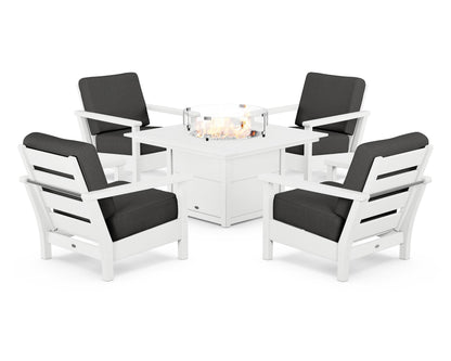 POLYWOOD® Harbour 5-Piece Conversation Set with Fire Pit Table in White / Spectrum Carbon