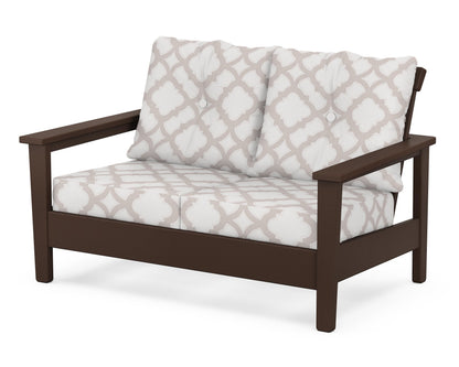 POLYWOOD® Prescott Deep Seating Loveseat in Mahogany / Trellis Dune Burlap