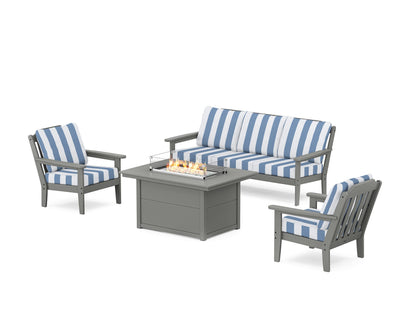 Country Living Cottage Deep Seating Fire Pit Table Set in Slate Grey / Cabana Stripe Sky Blue