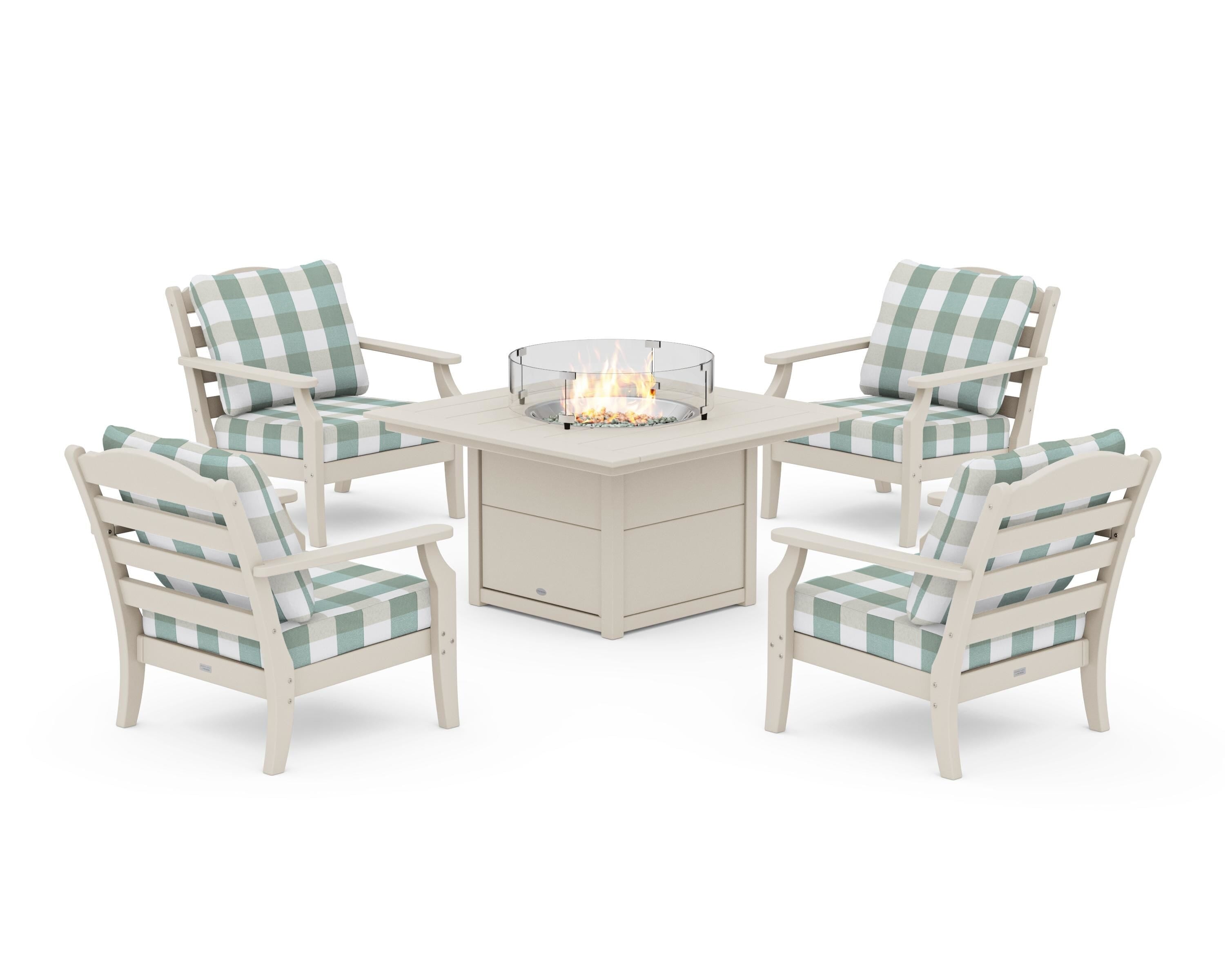 Draper James™ by  POLYWOOD® Savannah 5-Piece Deep Seating Set with Fire Pit Table in Sand / Buffalo Plaid Glacier Spa