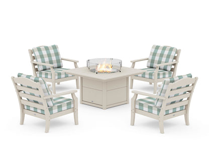 Draper James™ by  POLYWOOD® Savannah 5-Piece Deep Seating Set with Fire Pit Table in Sand / Buffalo Plaid Glacier Spa