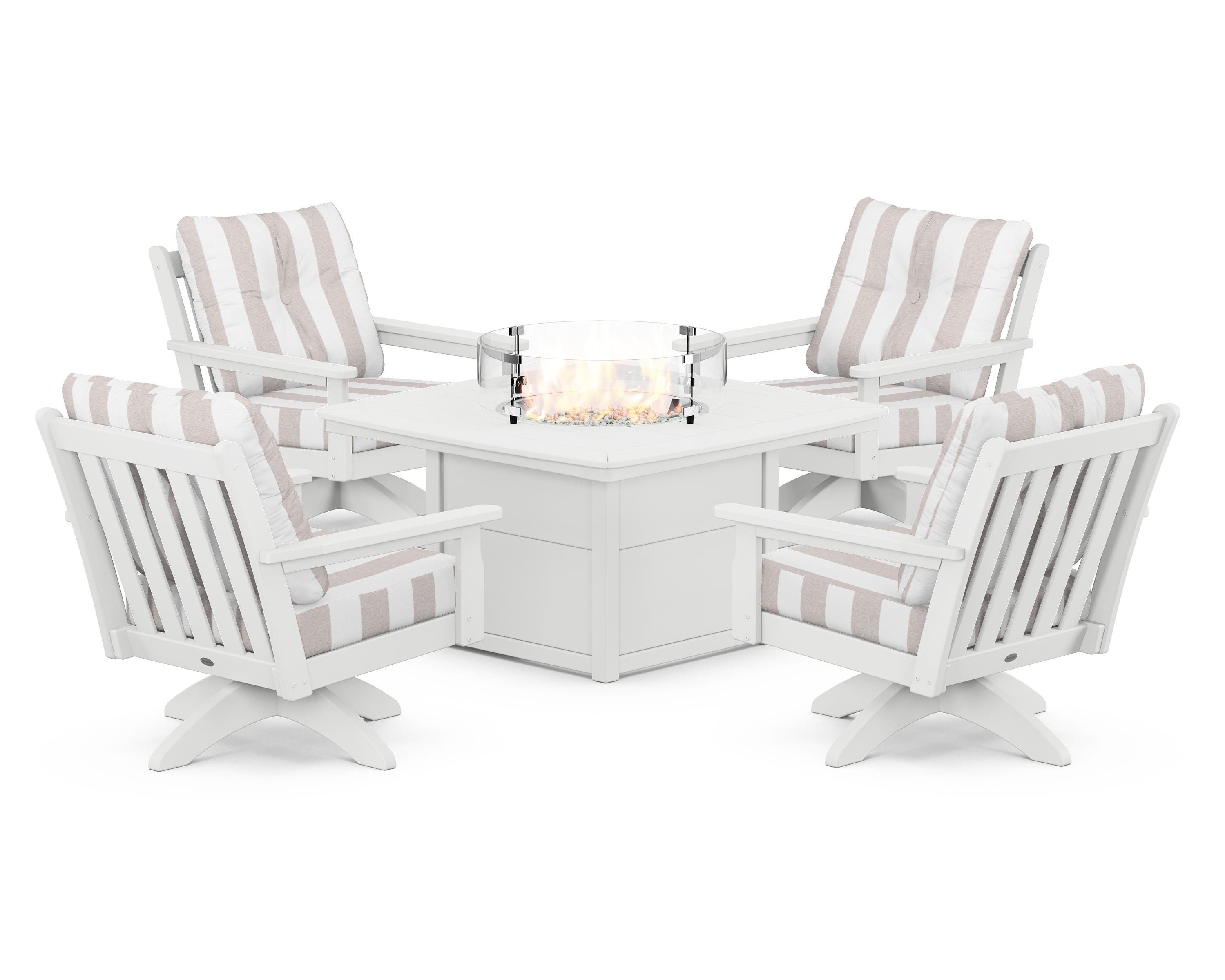 POLYWOOD® Vineyard 5-Piece Deep Seating Swivel Conversation Set with Fire Pit Table in White / Cabana Stripe Dune Burlap