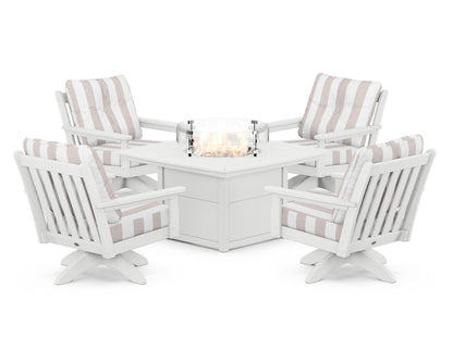 POLYWOOD® Vineyard 5-Piece Deep Seating Swivel Conversation Set with Fire Pit Table in White / Cabana Stripe Dune Burlap