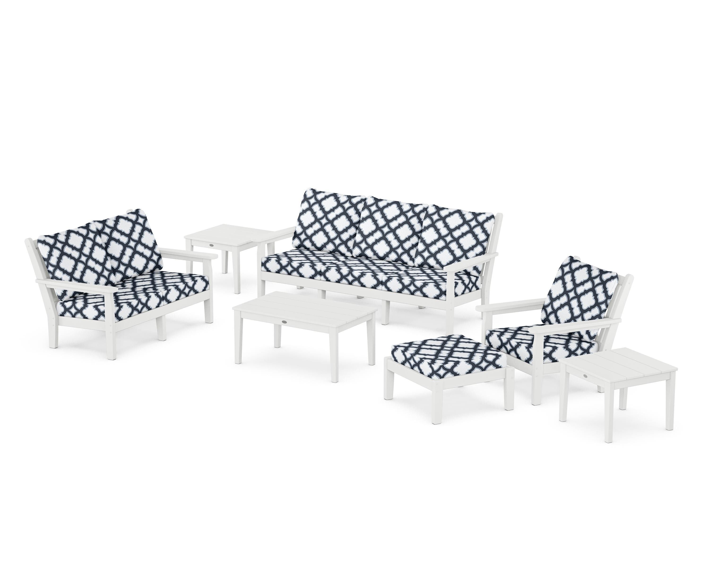 POLYWOOD® Chippendale 7-Piece Deep Seating Set in White / Trellis Marine Indigo