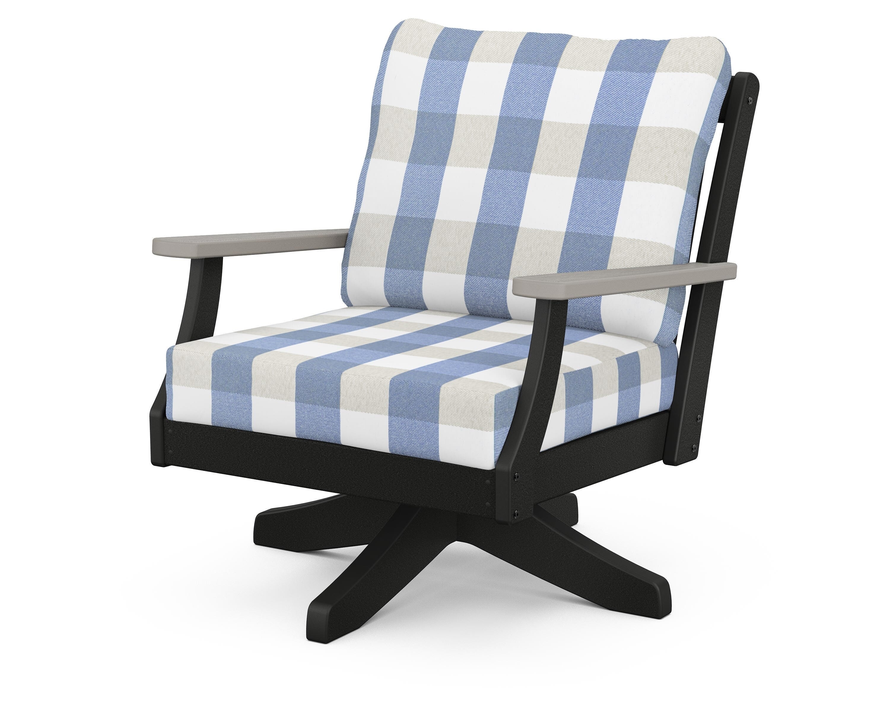 POLYWOOD® Braxton Deep Seating Swivel Chair in Black / Driftwood / Buffalo Plaid Sky Blue