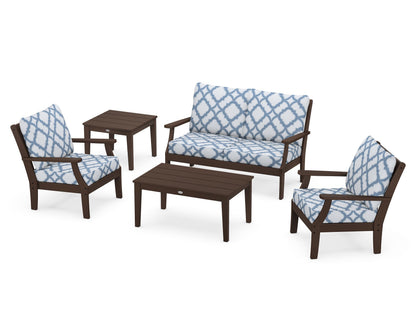 POLYWOOD® Braxton 5-Piece Deep Seating Set in Mahogany / Trellis Sky Blue