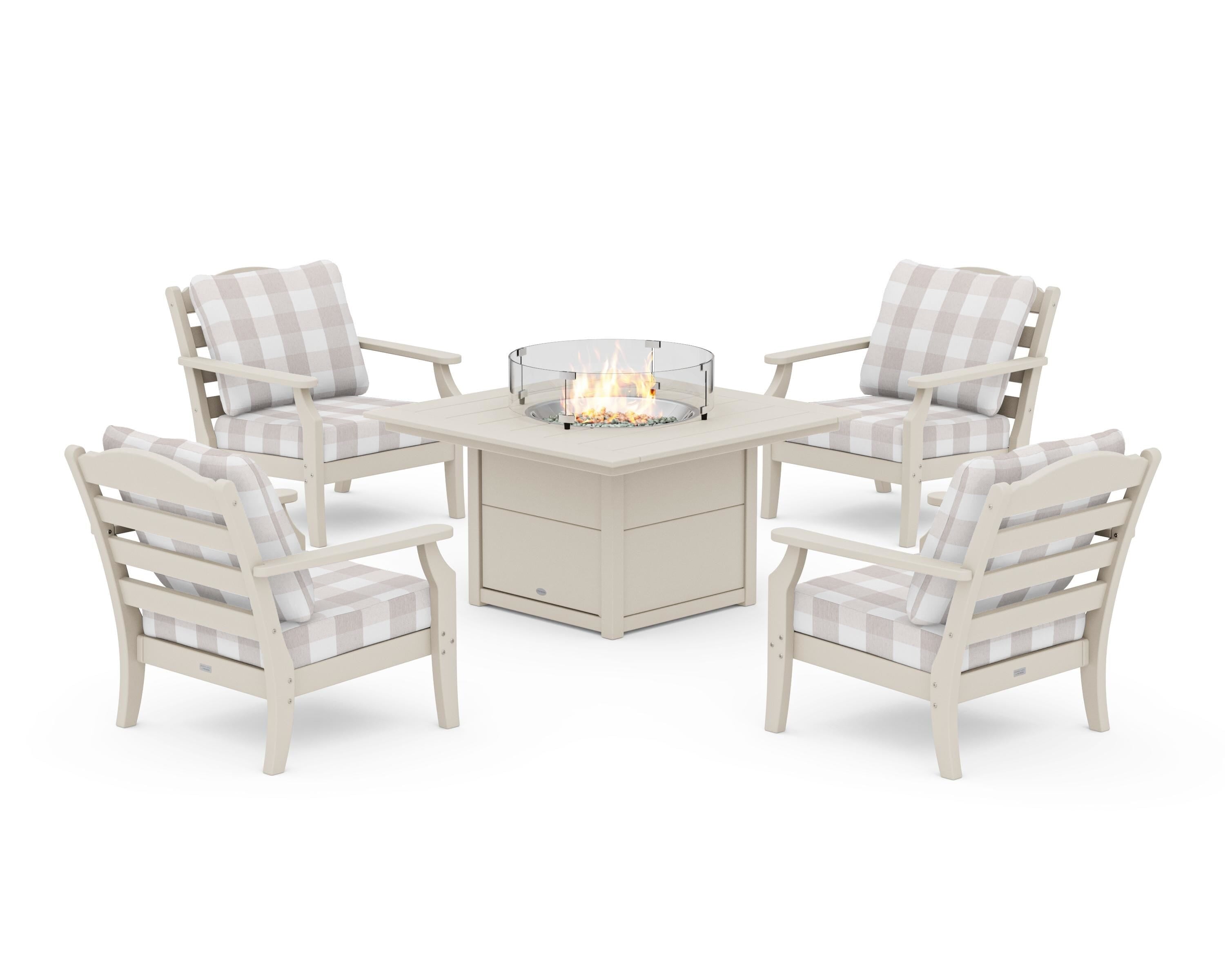 Draper James™ by  POLYWOOD® Savannah 5-Piece Deep Seating Set with Fire Pit Table in Sand / Buffalo Plaid Dune Burlap