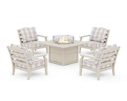 Draper James™ by  POLYWOOD® Savannah 5-Piece Deep Seating Set with Fire Pit Table in Sand / Buffalo Plaid Dune Burlap