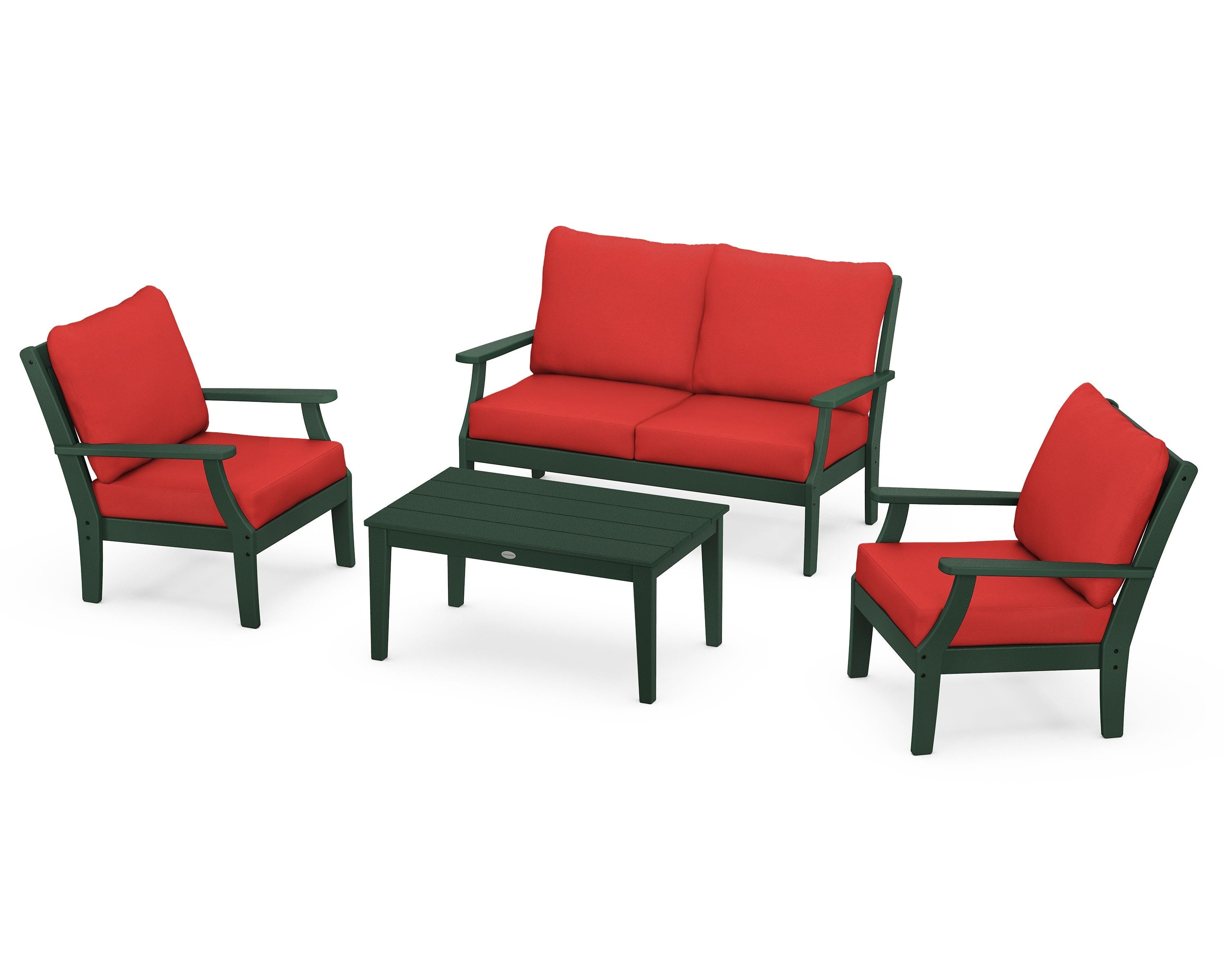 POLYWOOD® Braxton 4-Piece Deep Seating Chair Set in Green / Crimson Linen