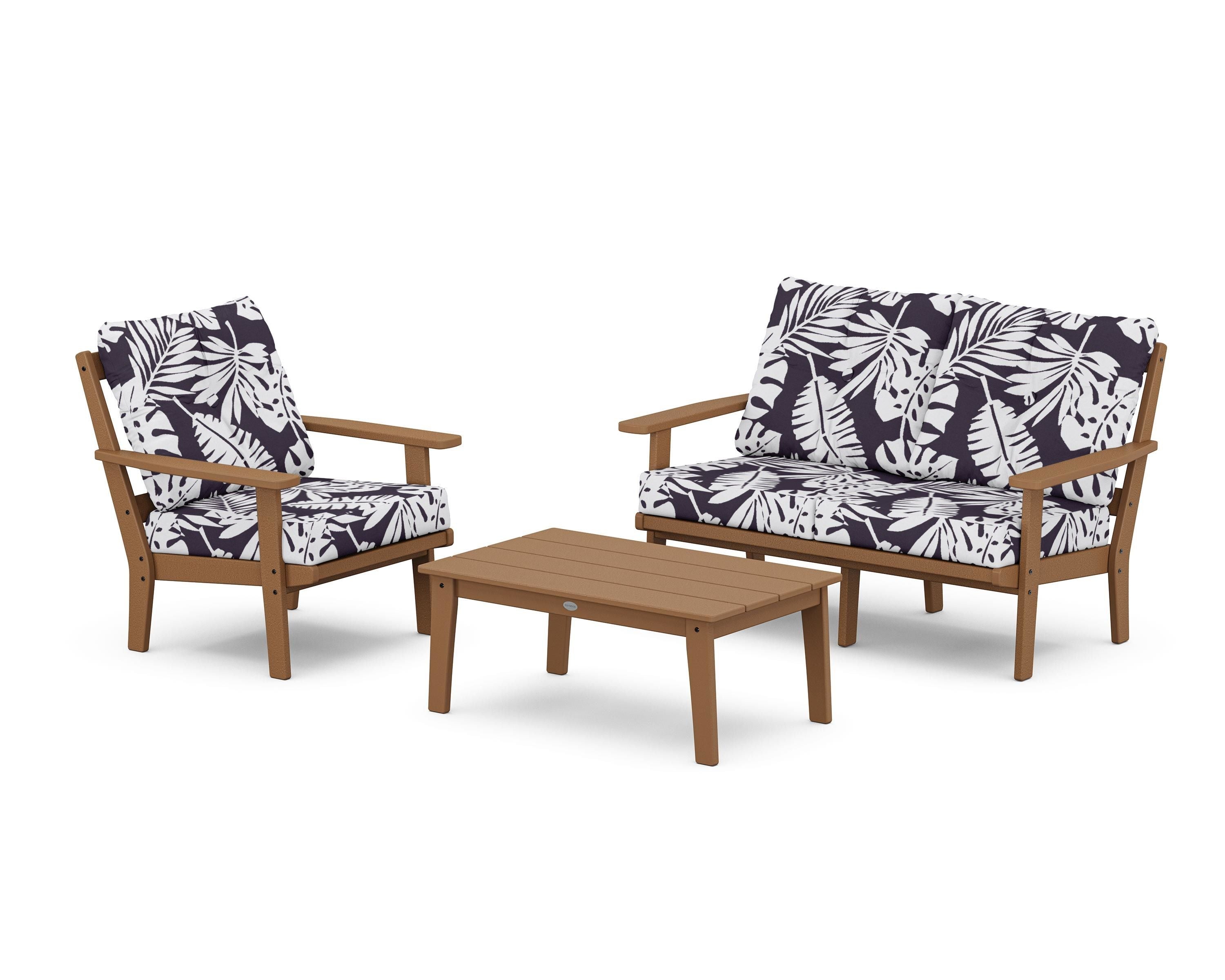 POLYWOOD® Oxford 3-Piece Deep Seating Set with Loveseat in Teak / Leaf Navy