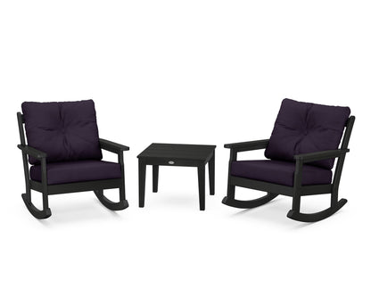 POLYWOOD® Vineyard 3-Piece Deep Seating Rocker Set in Black / Navy Linen