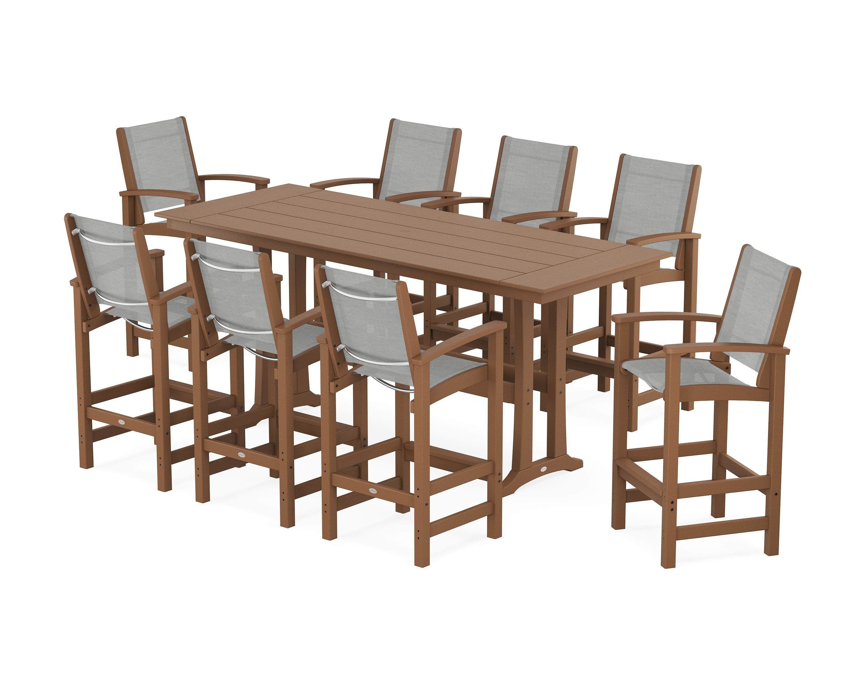 POLYWOOD® Coastal 9-Piece Farmhouse Bar Set with Trestle Legs in Teak / Metallic Sling