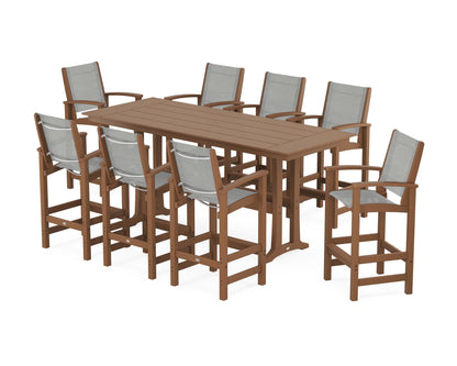 POLYWOOD® Coastal 9-Piece Farmhouse Bar Set with Trestle Legs in Teak / Metallic Sling