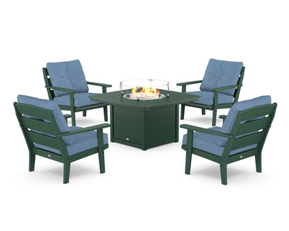 POLYWOOD® Lakeside 5-Piece Deep Seating Set with Nautical Fire Pit Table in Green / Sky Blue