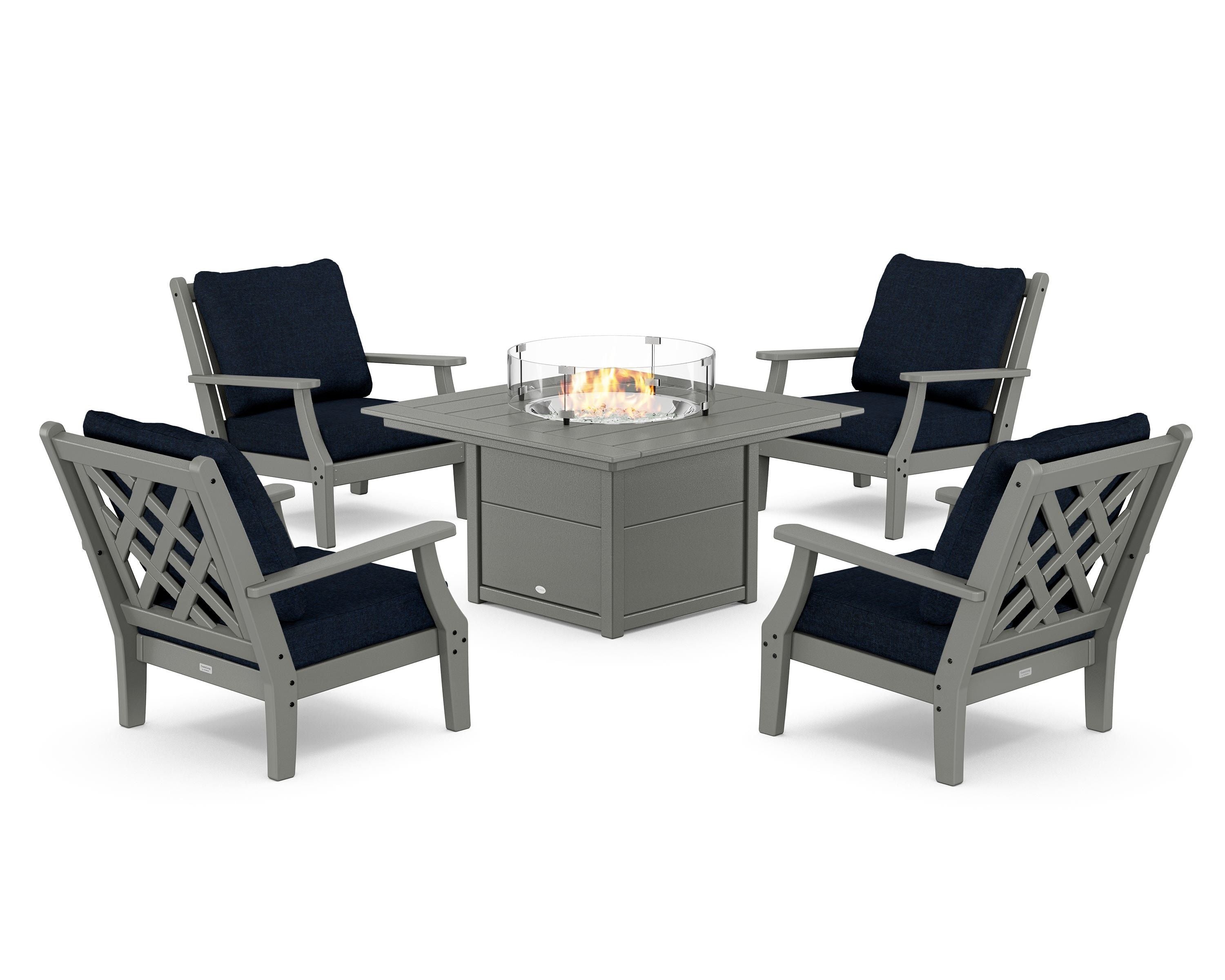 Country Living Wovendale 5-Piece Deep Seating Set with Fire Pit Table in Slate Grey / Marine Indigo