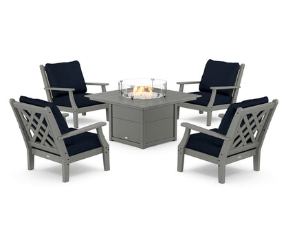 Country Living Wovendale 5-Piece Deep Seating Set with Fire Pit Table in Slate Grey / Marine Indigo