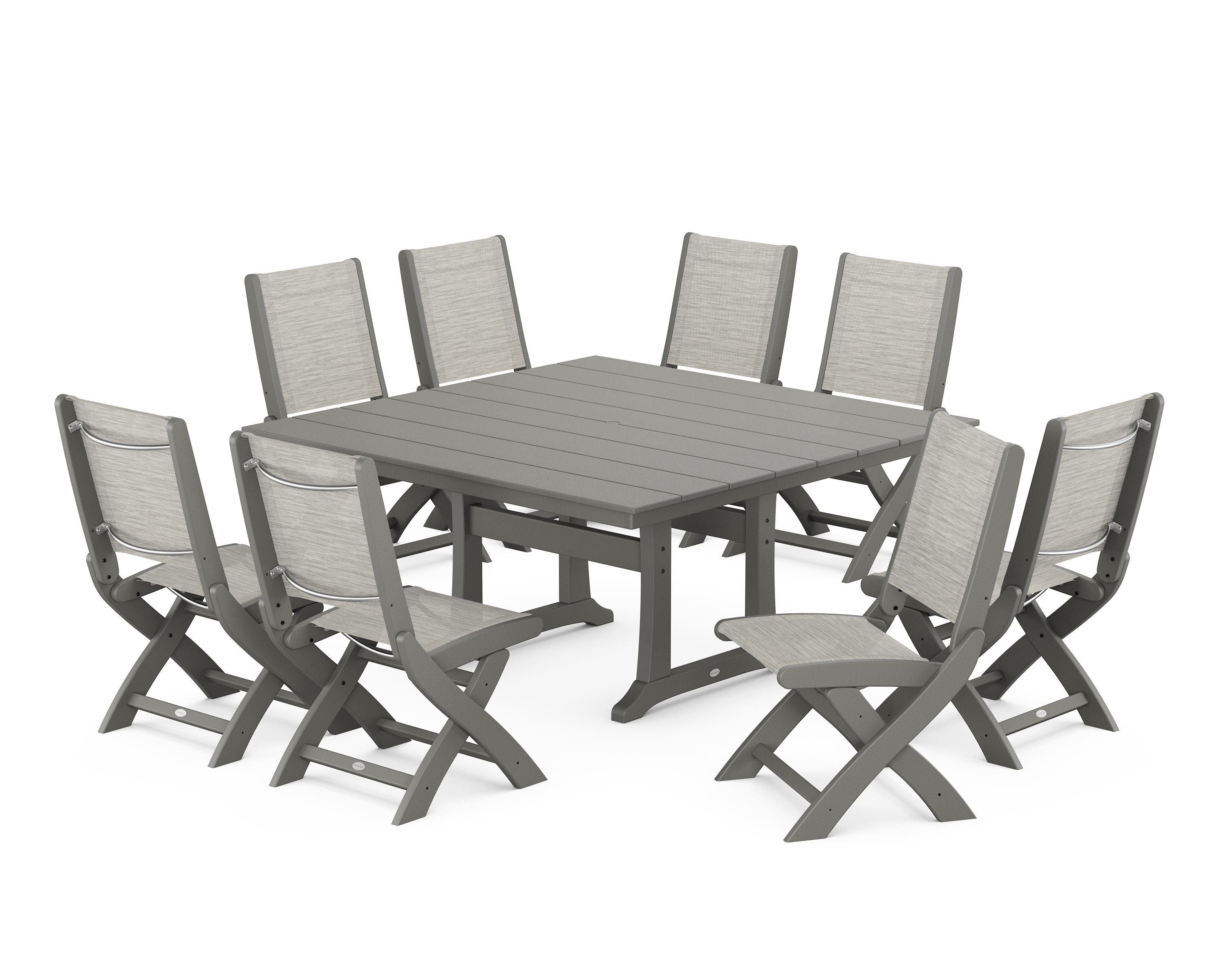 POLYWOOD® Coastal Folding Side Chair 9-Piece Farmhouse Dining Set in Slate Grey / Birch Sling