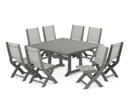 POLYWOOD® Coastal Folding Side Chair 9-Piece Farmhouse Dining Set in Slate Grey / Birch Sling