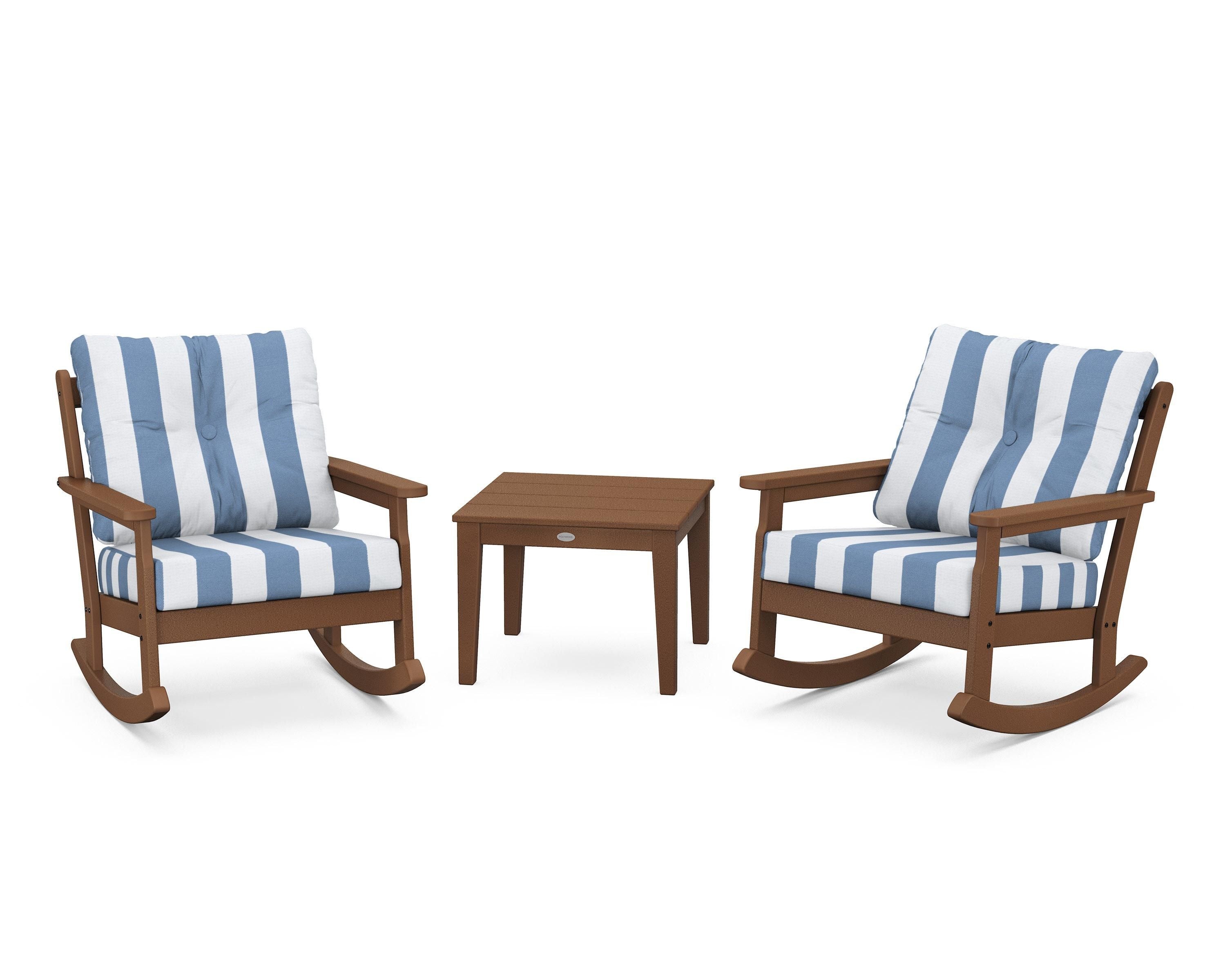 POLYWOOD® Vineyard 3-Piece Deep Seating Rocker Set in Teak / Cabana Stripe Sky Blue