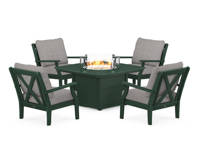POLYWOOD® Braxton 5-Piece Deep Seating Conversation Set with Fire Pit Table in Green / Grey Mist