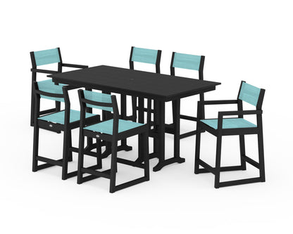 POLYWOOD® EDGE Sling 7-Piece Farmhouse Counter Set with Trestle Legs in Black / Dupioni Aquamarine Sling