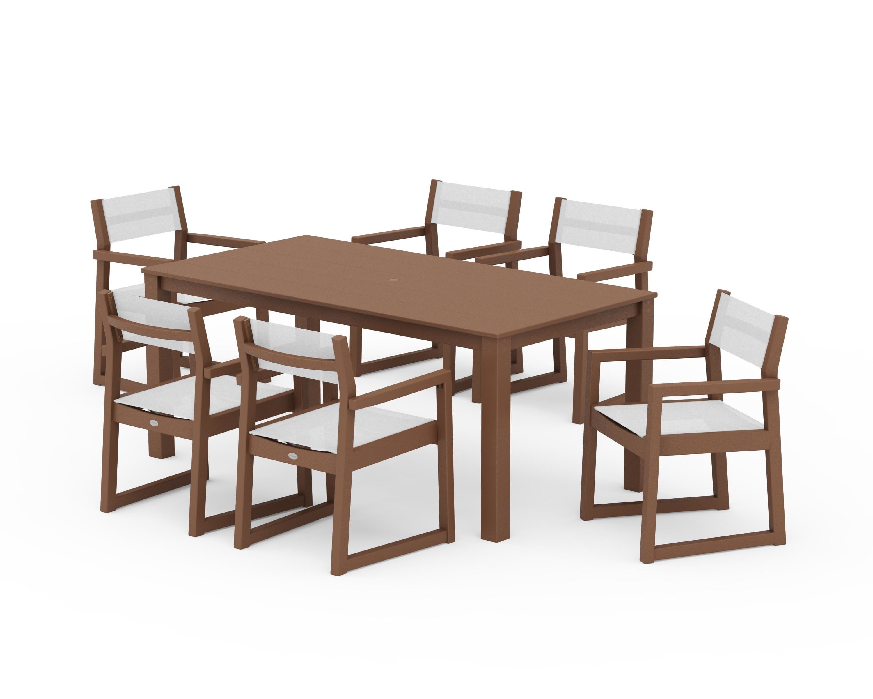 POLYWOOD® EDGE Sling Arm Chair 7-Piece Parsons Dining Set in Teak / White Sling