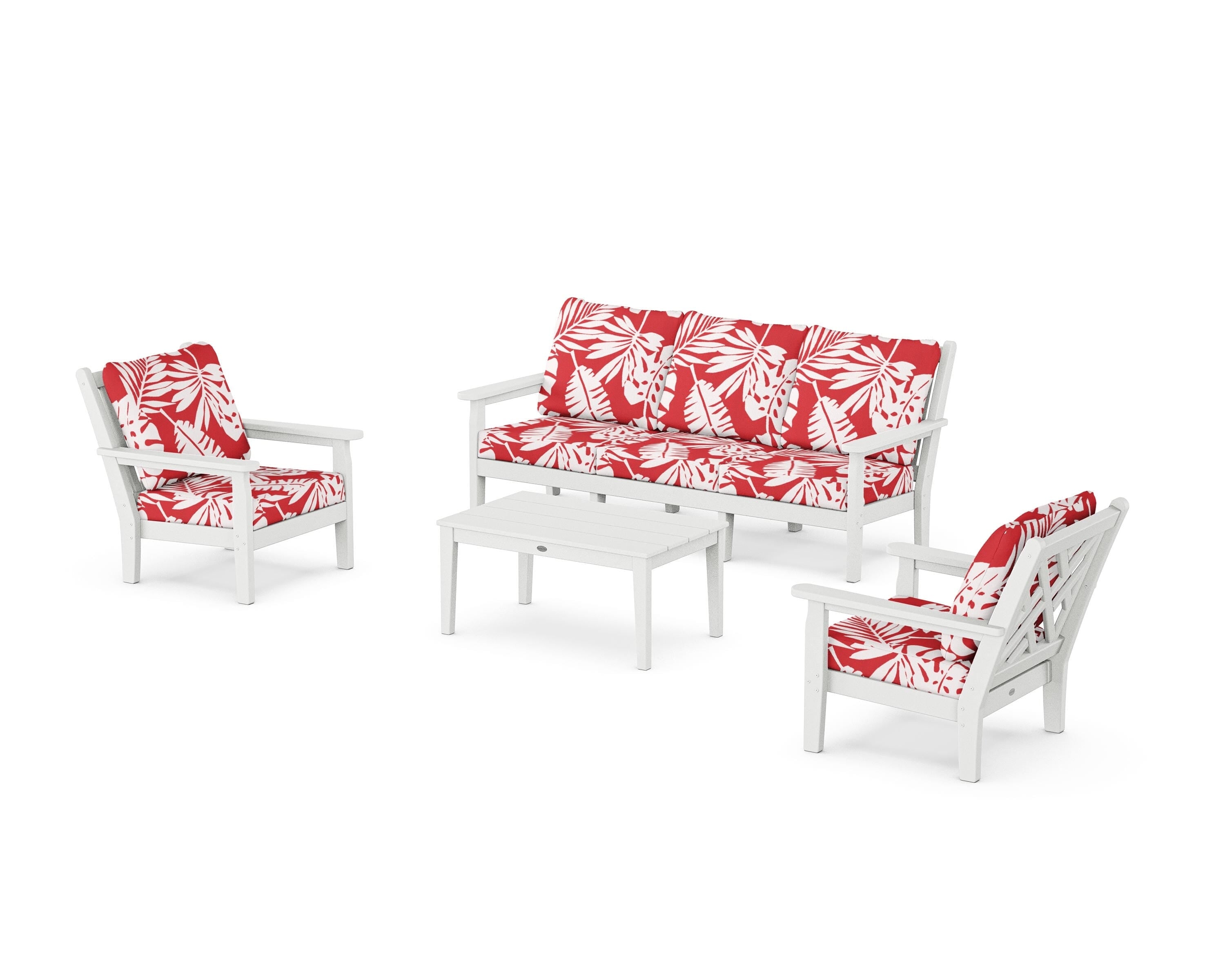 POLYWOOD® Chippendale 4-Piece Deep Seating Set with Sofa in White / Leaf Crimson
