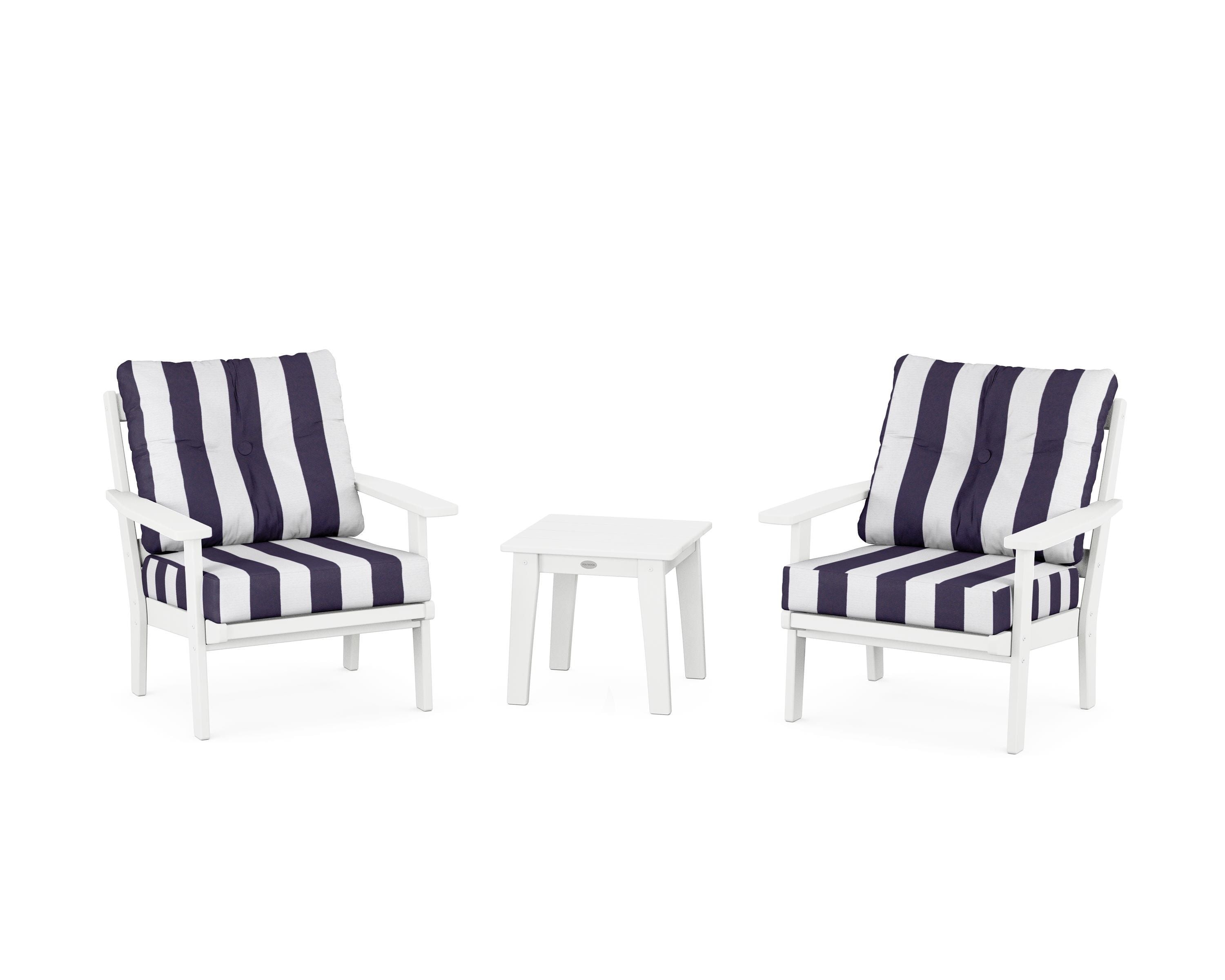 POLYWOOD® Oxford 3-Piece Deep Seating Set in White / Cabana Stripe Navy