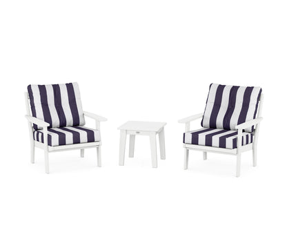 POLYWOOD® Oxford 3-Piece Deep Seating Set in White / Cabana Stripe Navy