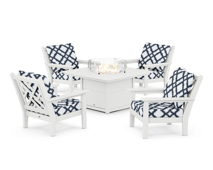 POLYWOOD® Chippendale 5-Piece Deep Seating Set with Fire Pit Table in White / Trellis Marine Indigo