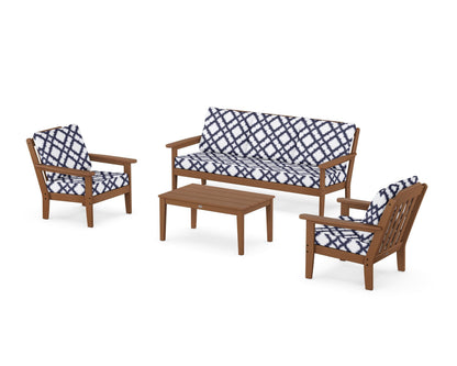 Country Living Cottage 4-Piece Deep Seating Set with Sofa in Teak / Trellis Navy