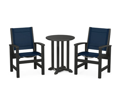 POLYWOOD® Coastal 3-Piece Round Bistro Dining Set in Black / Navy Blue Sling
