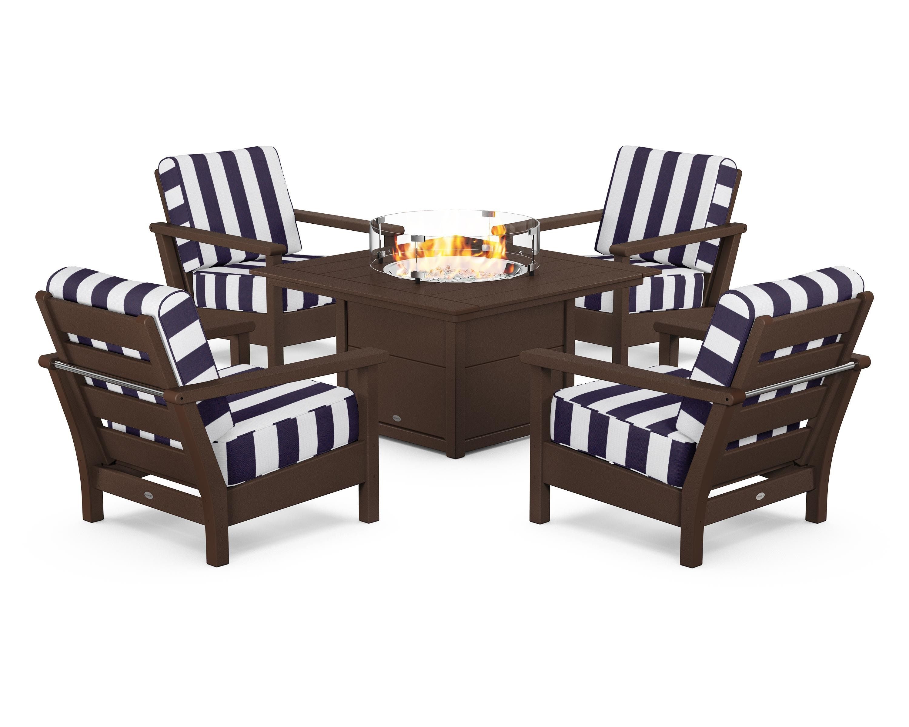 POLYWOOD® Harbour 5-Piece Conversation Set with Fire Pit Table in Mahogany / Cabana Stripe Navy