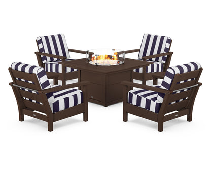 POLYWOOD® Harbour 5-Piece Conversation Set with Fire Pit Table in Mahogany / Cabana Stripe Navy