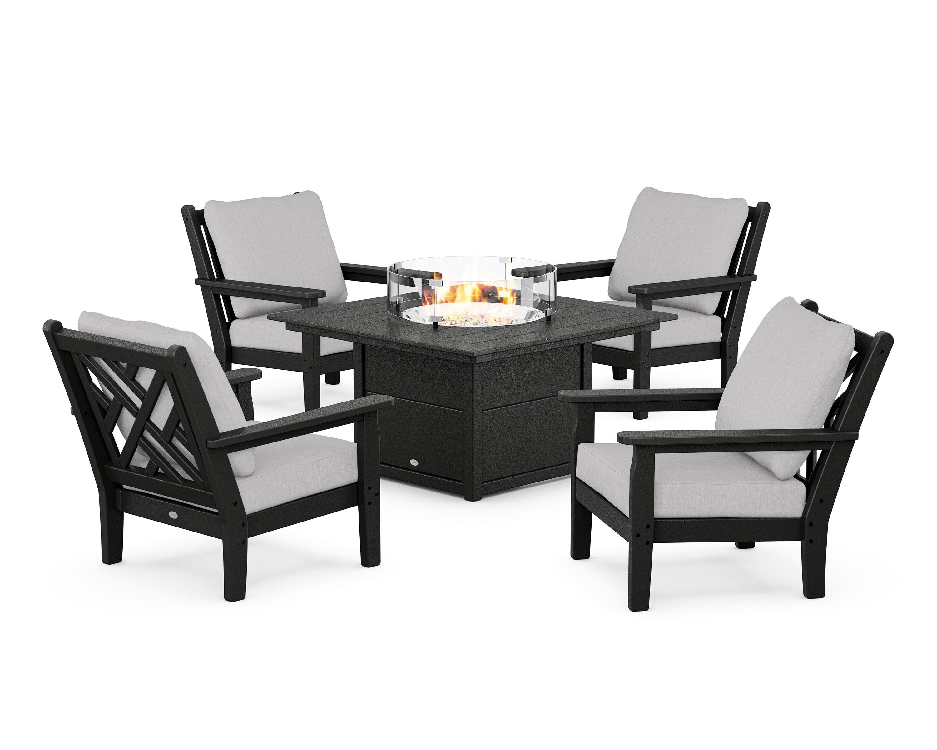 POLYWOOD® Chippendale 5-Piece Deep Seating Set with Fire Pit Table in Black / Granite
