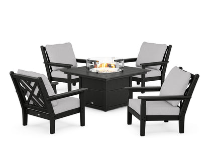 POLYWOOD® Chippendale 5-Piece Deep Seating Set with Fire Pit Table in Black / Granite