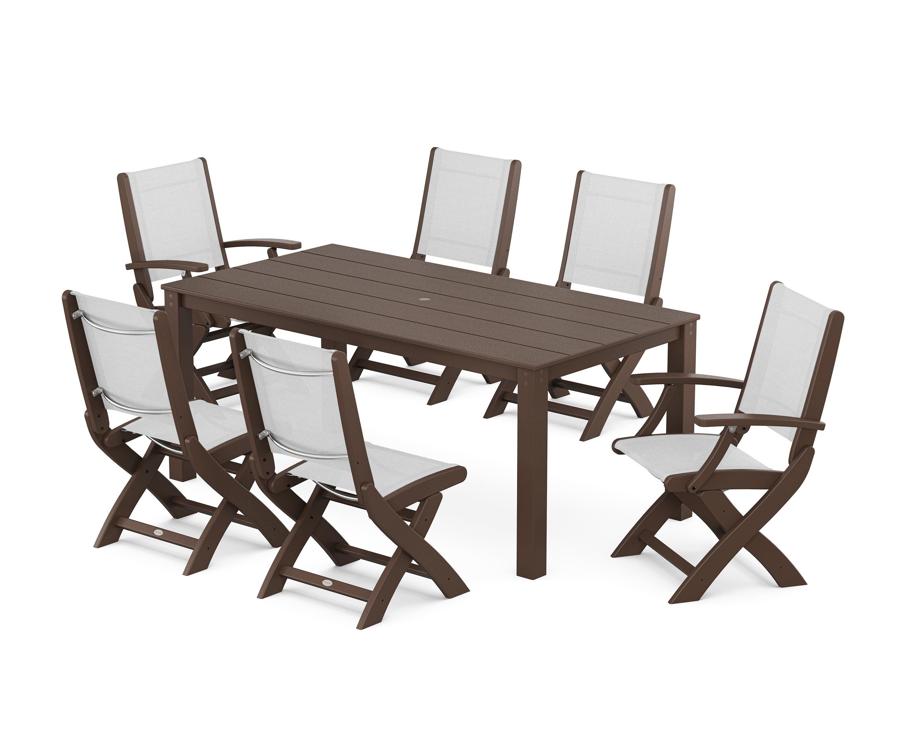 POLYWOOD® Coastal Folding Chair 7-Piece Parsons Dining Set in Mahogany / White Sling