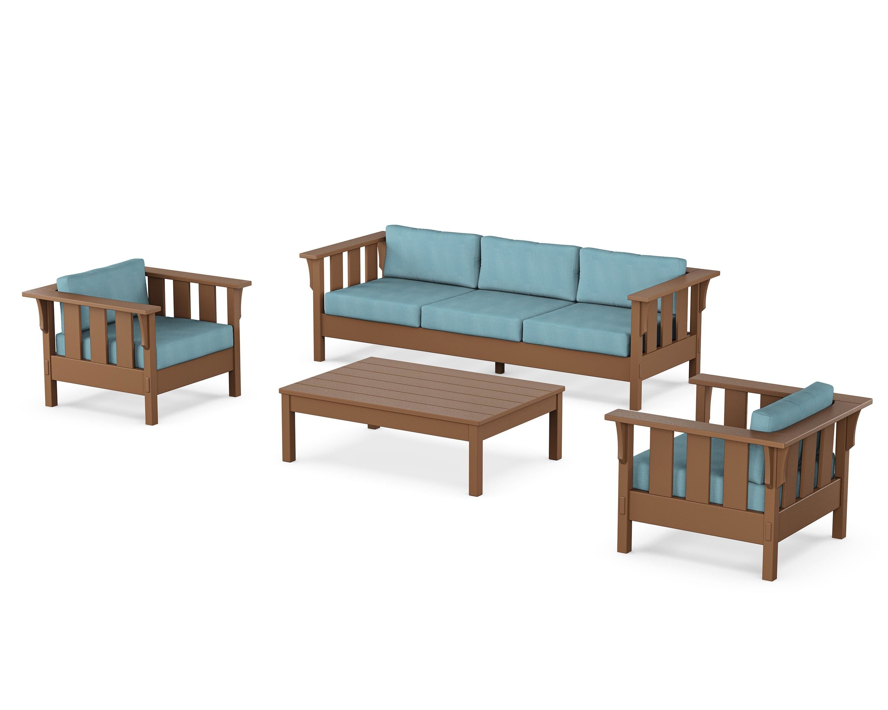 Martha Stewart by POLYWOOD® Acadia 4-Piece Deep Seating Set with Sofa in Teak / Lattice Sky Blue